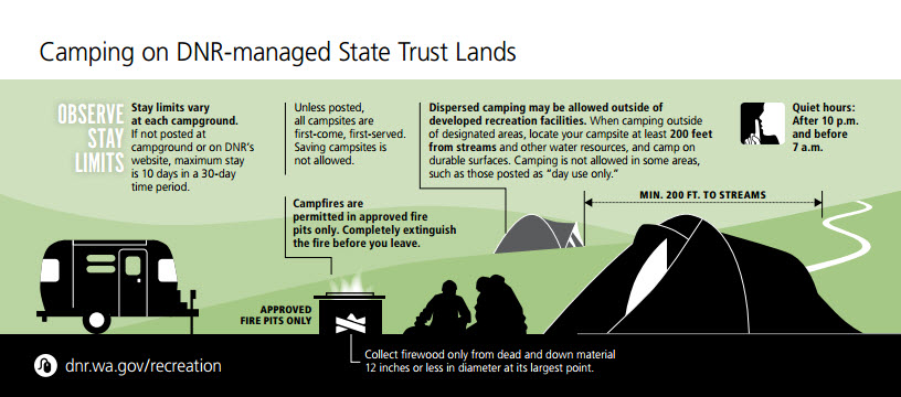 a green infographic with information about camping on dnr land