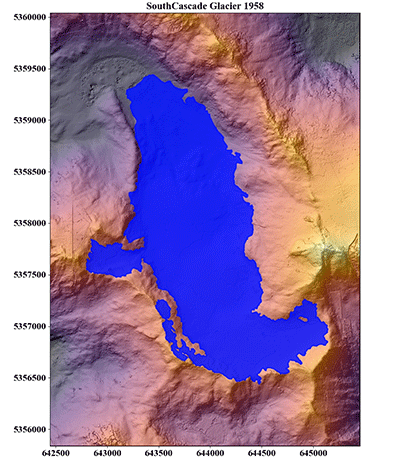 Shrinking area of South Cascade glacier from 1958 to 2015