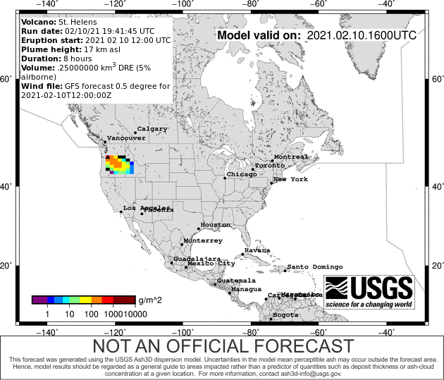 Modeled ash plume disperses ash across the United States in a complex pattern