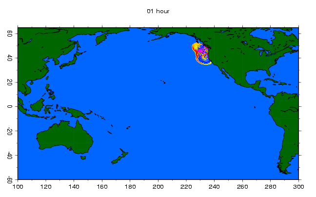 Tsunami waves propagating across the Pacific Ocean in a simulation