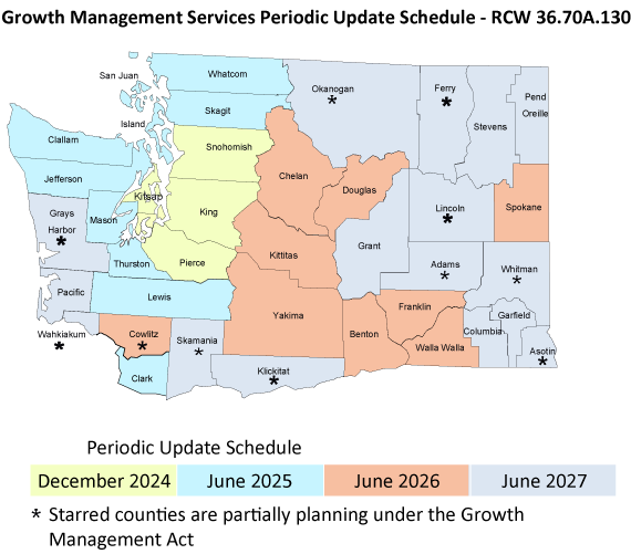 map showing counties in Washington and the dates when they need to have updates to their GMA plans